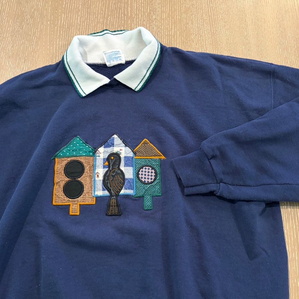 Vintage Hanes‎ XXL Birdhouse Applique Sweatshirt Navy Collared Cottagecore USA